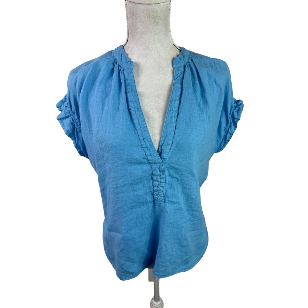 Pilcro Women's Fitted XL SS Ruffle Linen Popover Blouse Blue EUC - Picture 2 of 13